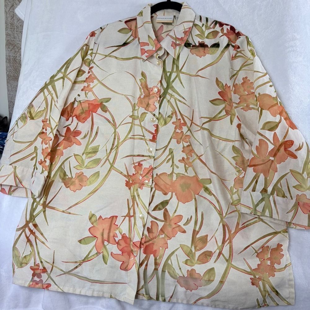 Alfred Dunner Button Up Blouse Women 20W Cream Floral Excellent Burnout Top